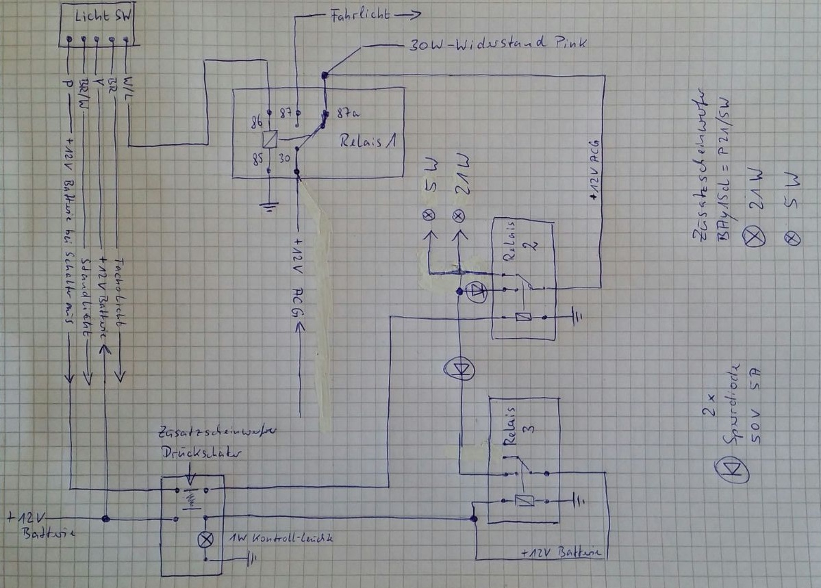 Stromlaufplan für Zusatzscheinwerfer am Grand Dink 50 (Skizze, sehr individuell in jeder Hinsicht)